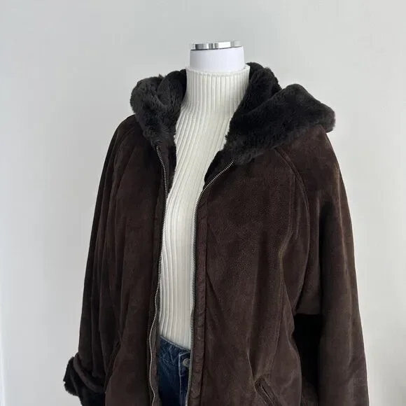 Marvin Richards Jacket Womens XL Brown Suede Leather Faux Fur Lined Hooded